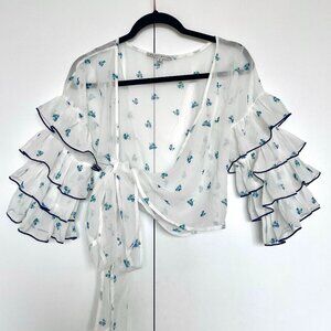 White & blue cottagecore floral sheer ruffle sleeve wrap flamenco top | Size S